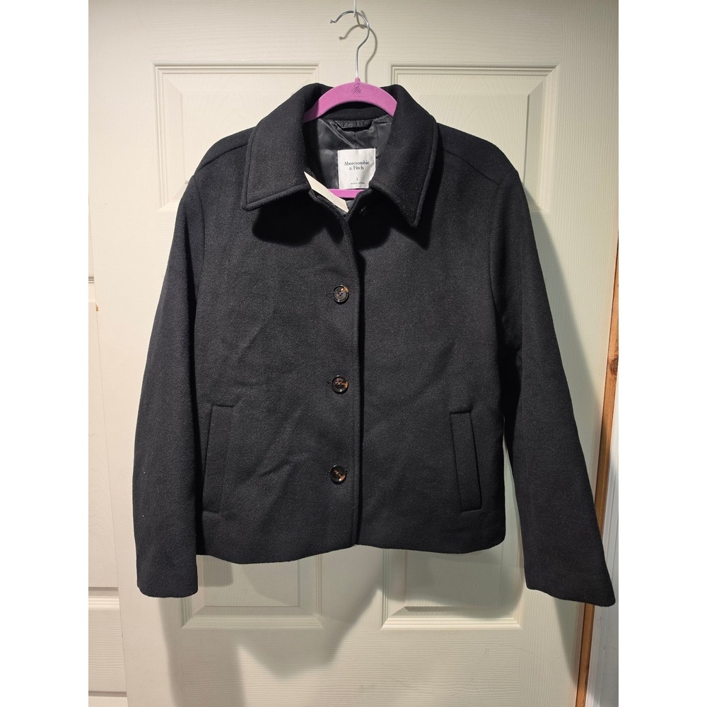 Abercrombie & Fitch Womens Black Wool Blend Button Front Jacket Coat Large NWT